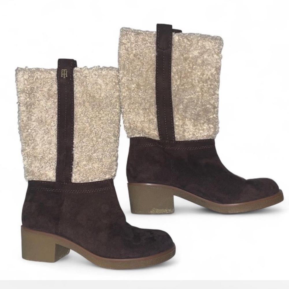 Tommy Hilfiger Brown and Cream faux suede sherpa mid calf Boots ynez size 6